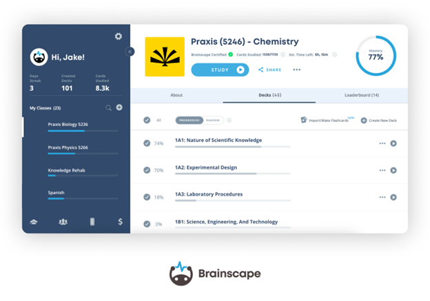 Brainscape's web dashboard for Praxis 5246 Chemistry Brainscape's web dashboard for Praxis 5246 Chemistry